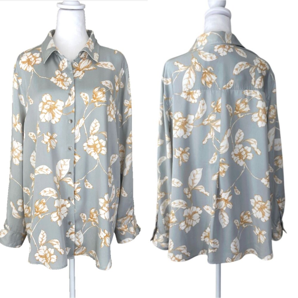 Chico's Sandwashed Satin Easy Shirt 100% Modal Gray Gold Floral Sz 20/22